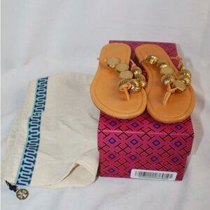 Tory Burch CAPRI Beaded Leather Thongs Sandals Slides Orange Gold Sz 7